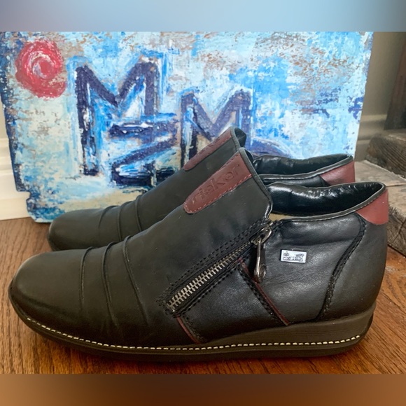 Rieker Wedge Red & Black Leather Lambswool Insulated Ankle Booties Sz 37 Newish - Picture 5 of 14